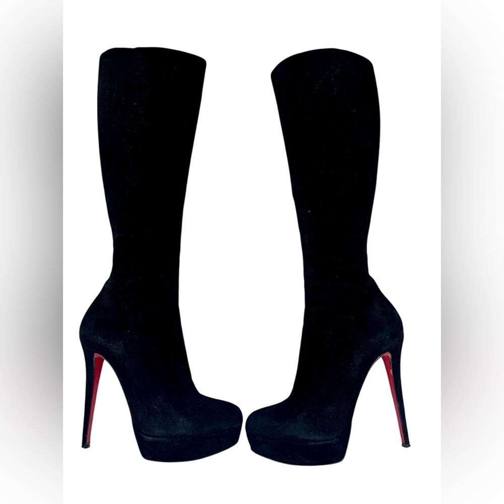Christian Louboutin Alta Knee-High Platform Stiletto Boots–Black Suede, Red Sole